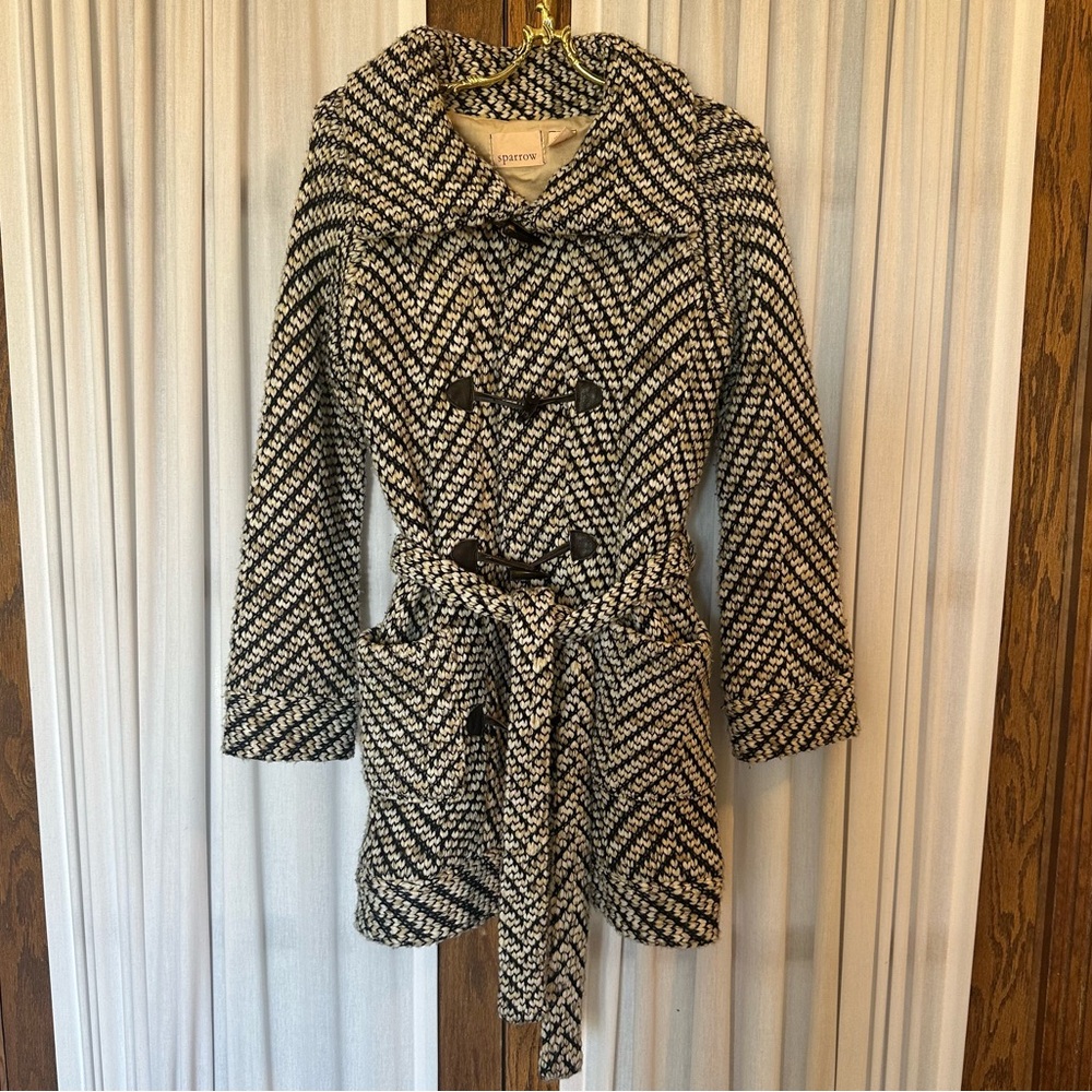 Anthropologie Sparrow Black Ivory Tan Belted Duffle Coat